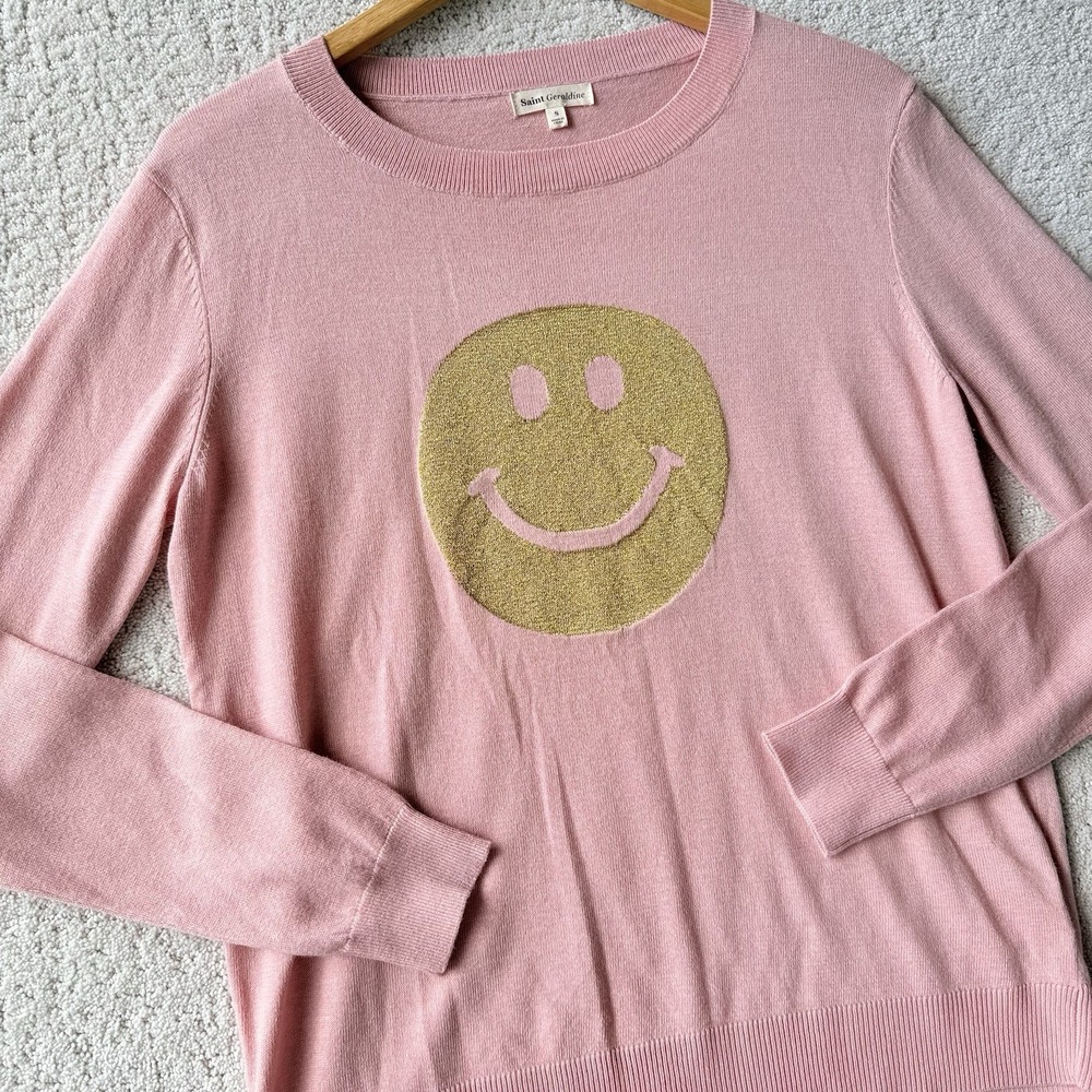 Anthropologie Saint Geraldine Smiley Face Sweater SZ S Pink Cashmere Blend $138